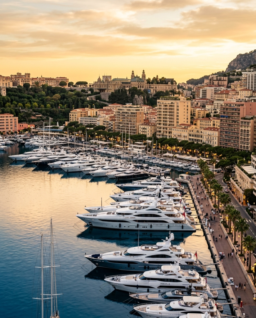 Superyachts in Monaco harbour at golden hour
