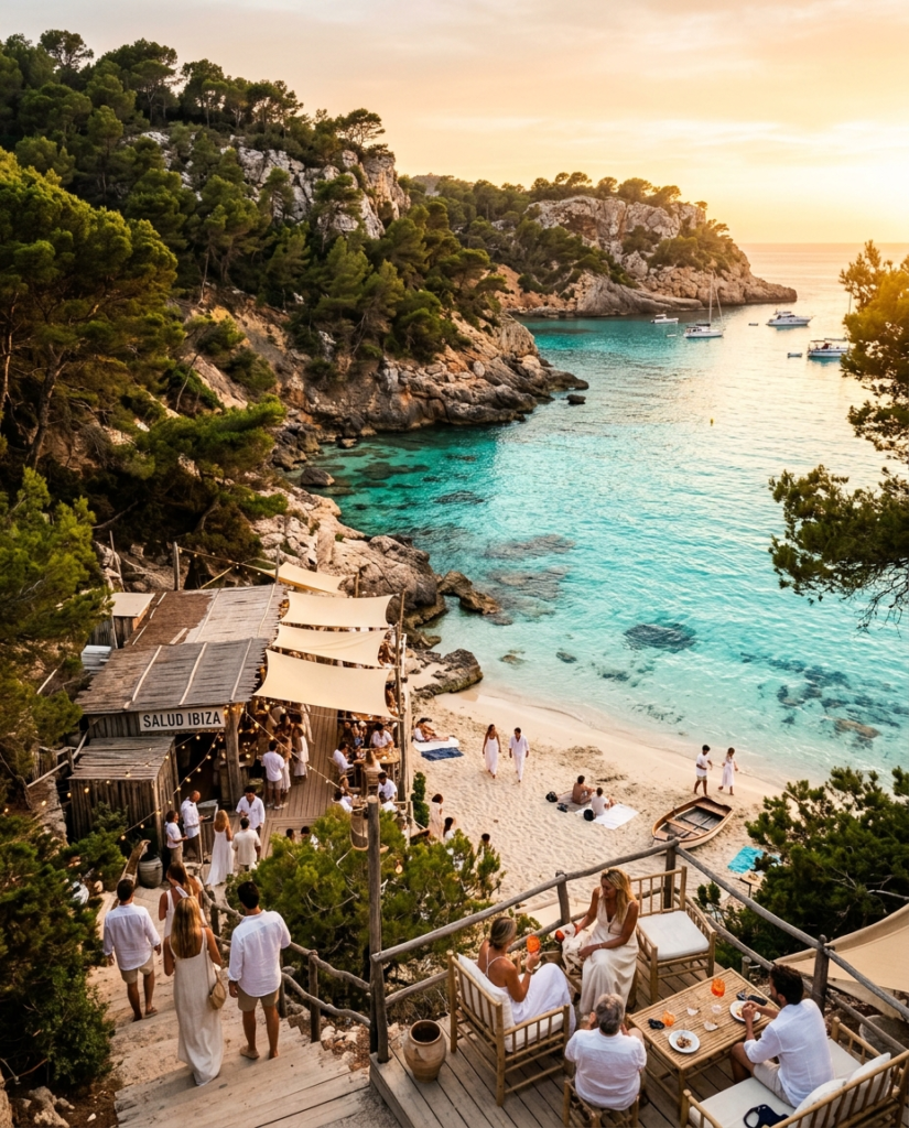 Pine-fringed cove and beach restaurant in Ibiza