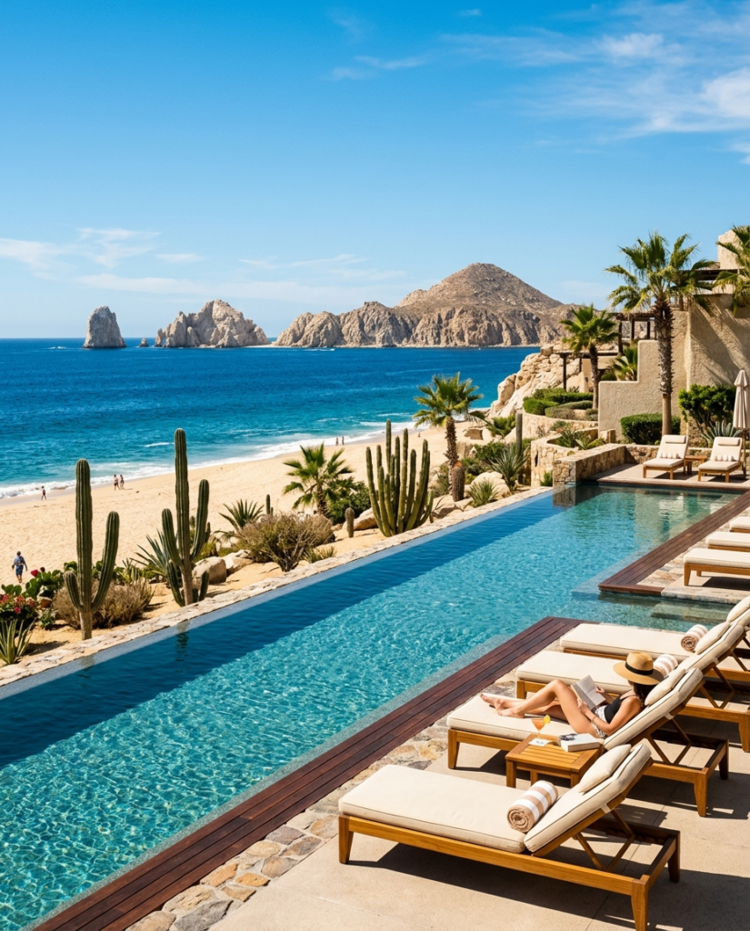 Resort infinity pool above the sea in Cabo San Lucas