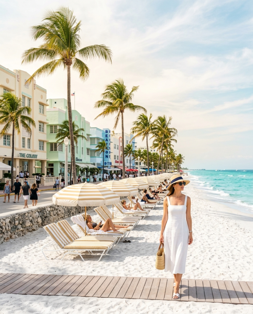 Art Deco Ocean Drive and white sand, Miami Beach