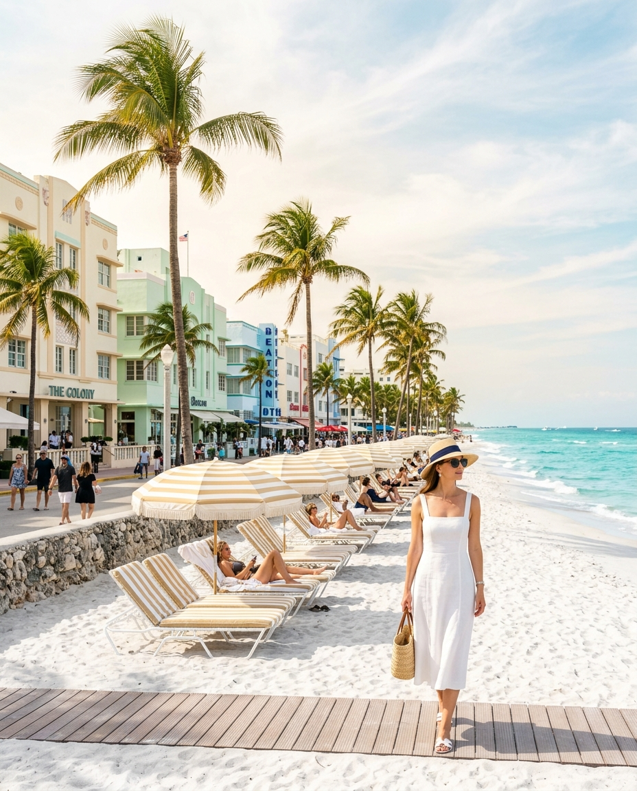 Art Deco Ocean Drive and white sand, Miami Beach