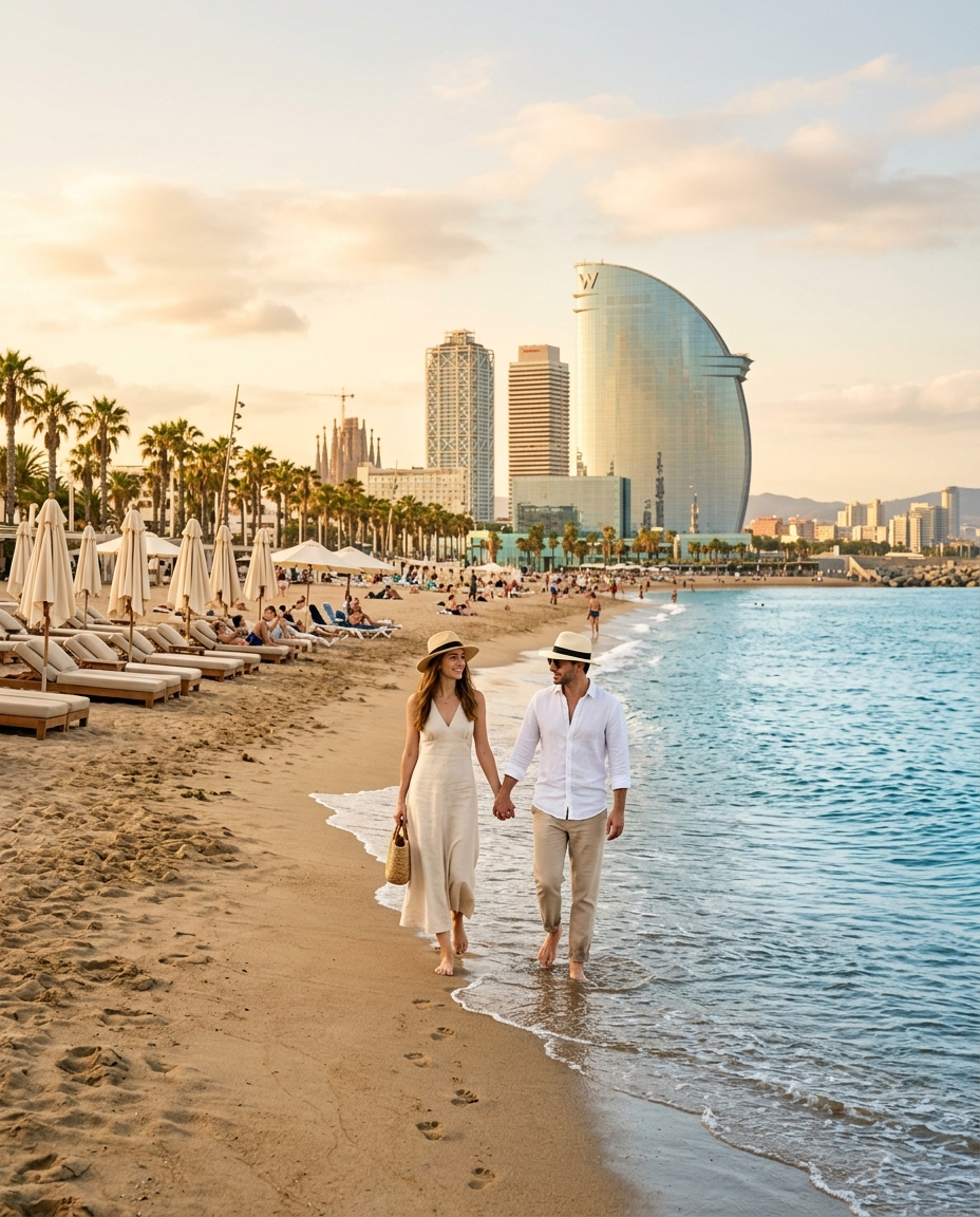 Barcelona beach and skyline at golden hour
