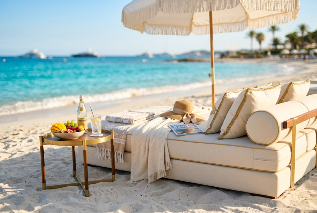 Cream beach club daybed with gold trim