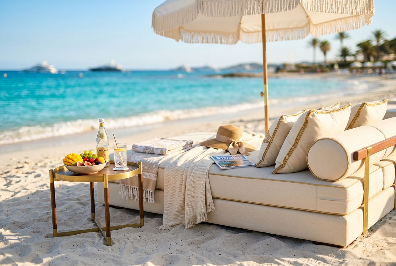 Cream beach club daybed with gold trim