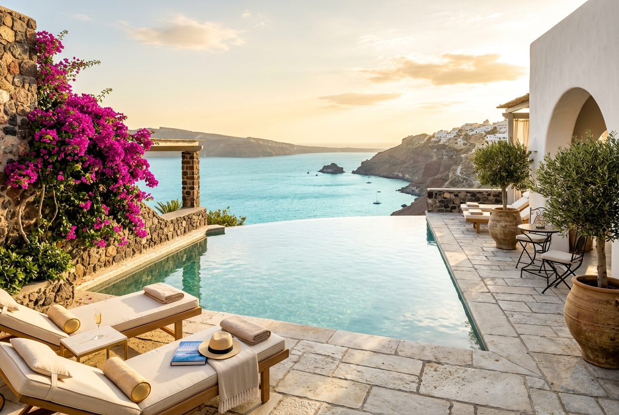 Villa terrace with infinity pool above the sea